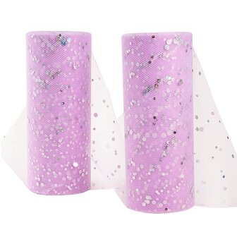 Tule lint 15 cm breed lavendel met glitter rondjes