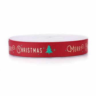 Kerstlint grosgrain rood merry christmas 15 mm breed 1