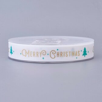 Kerstlint grosgrain wit merry christmas 15 mm breed