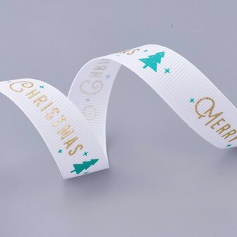 Kerstlint grosgrain wit merry christmas 15 mm breed