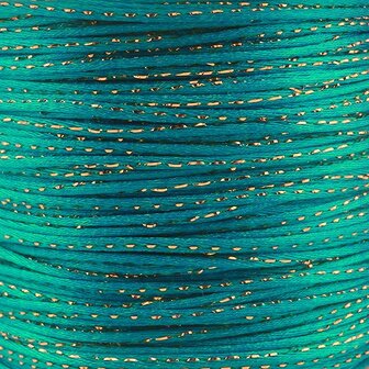 Satijn koord 2 mm aqua met goud draad