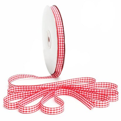 Geruit lint rood 1 cm breed 25 meter rol