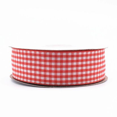 Geruit lint rood 2.5 cm breed 25 meter rol