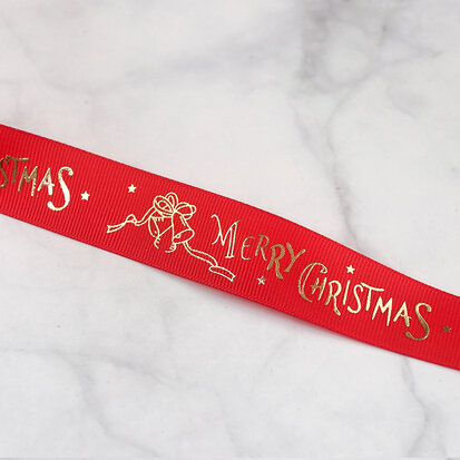 Kerstlint  grosgrain rood merry christmas met kerstbellen 25 mm breed