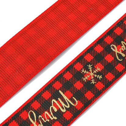 Kerstlint  grosgrain rood zwart geruit merry christmas 25 mm breed