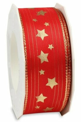 Kerstlint met ijzerdraad rood streepjes en sterren 38 mm breed rol 20 meter