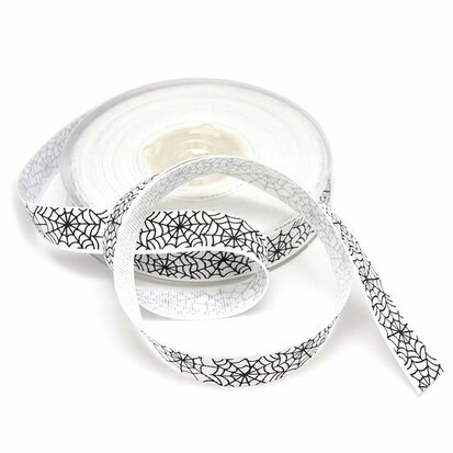 Grosgrain lint 1.5 cm wit met zwart spinnenweb 5 meter