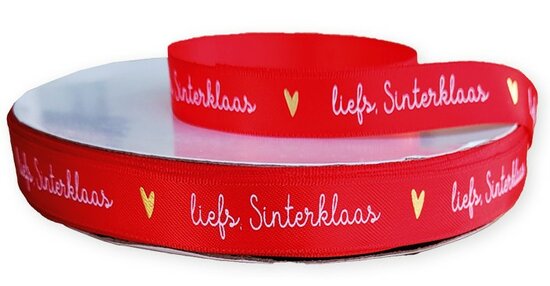 Satijn lint rood met witte tekst liefs Sinterklaas en goud metalic hartjes 12 mm breed 5 meter