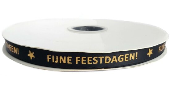 Satijn lint zwart met goud bedrukking fijne feestdagen 12 mm breed 5 meter