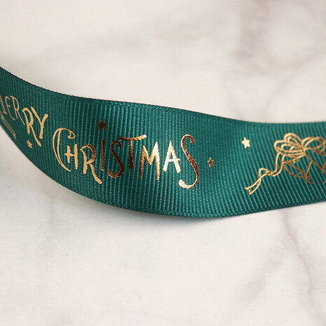 Kerstlint  grosgrain groen merry christmas met kerstbellen 25 mm breed