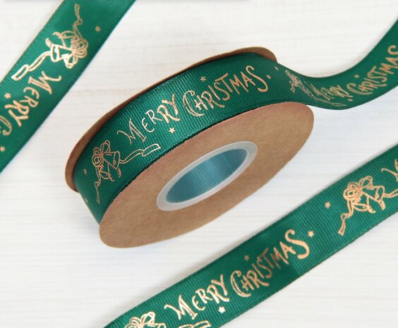 Kerstlint  grosgrain groen merry christmas met kerstbellen 25 mm breed