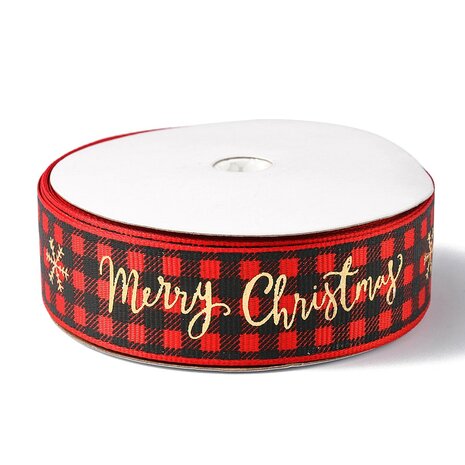 Kerstlint  grosgrain rood zwart geruit merry christmas 25 mm breed