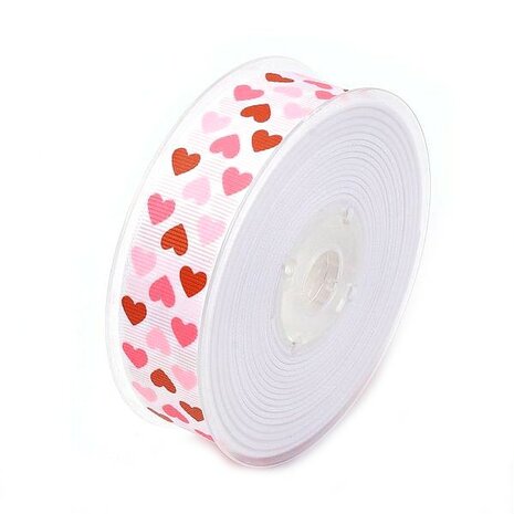 Grosgrain lint 25 mm breed wit met rood fuchsia roze hartjes