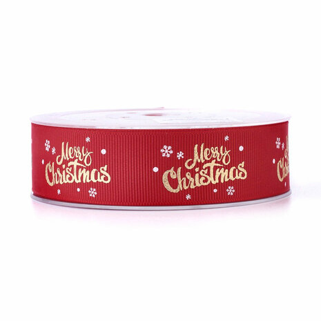 Kerstlint merry christmas en ijskristal rood 25 mm breed